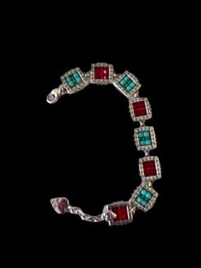RETIRED BRIGHTON "BEADAZZELED" RED & TURQUOISE BLUE CRYSTAL BRACELET SilverPlate